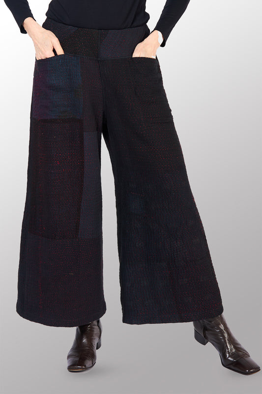 MUJI PATCH KANTHA MID RISE WIDE LEG PANTS - mp4665-blk -