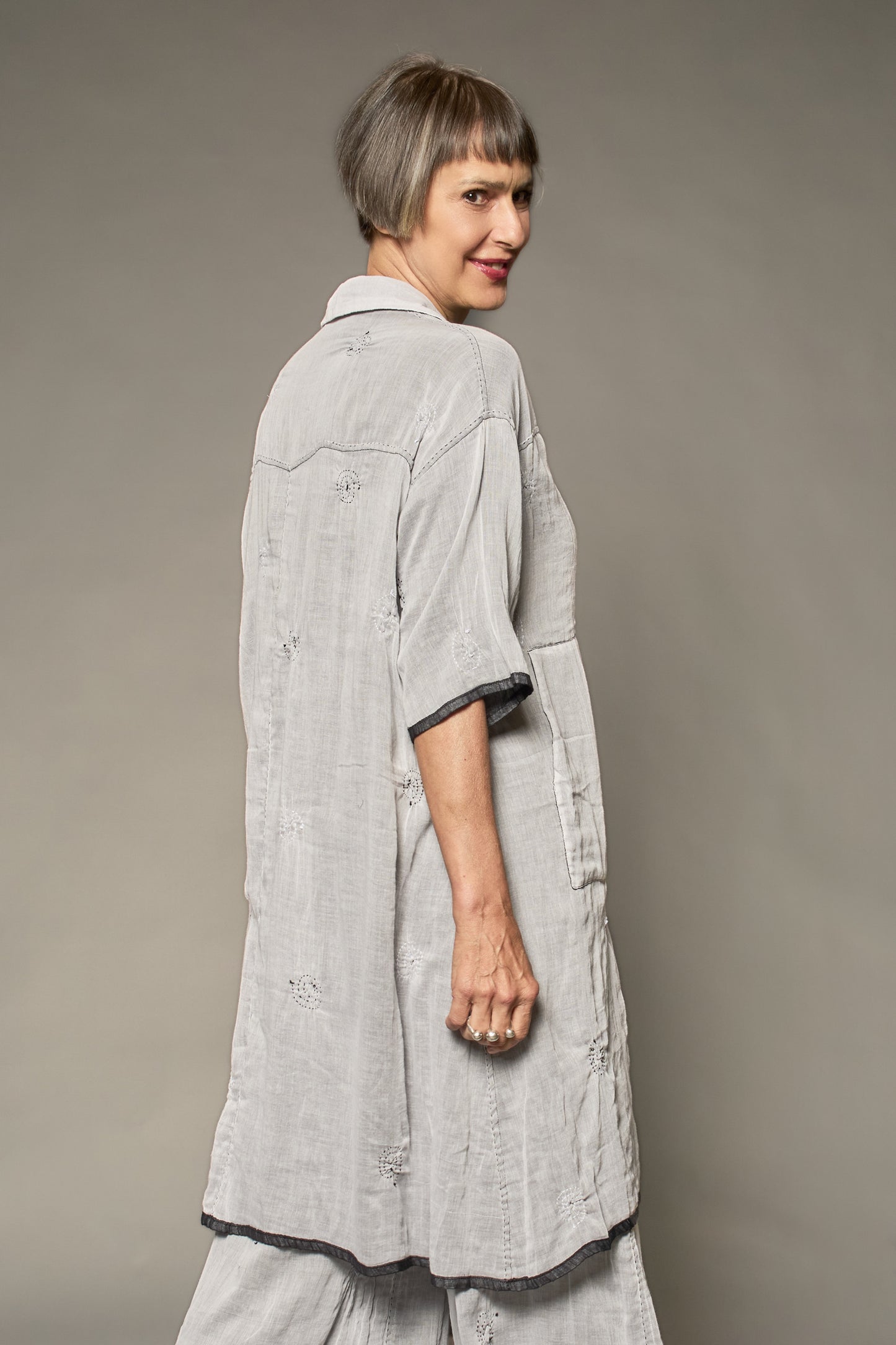 GAUZE SHIBORIGARMENT KANTHA 3/4 SLV. SHIRT DRESS - gg2464-blk -