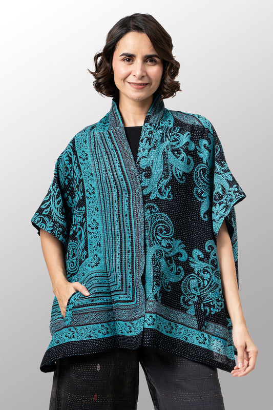 COTTON PAISLEY KANTHA PONCHO TOP - cp2568-tel -