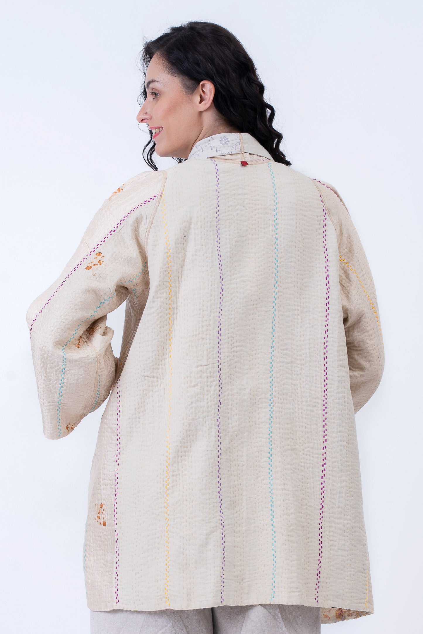 JEWEL WOVEN WITH VERTICAL PATCH KANTHA A-LINE JACKET - jv4003-ivy -