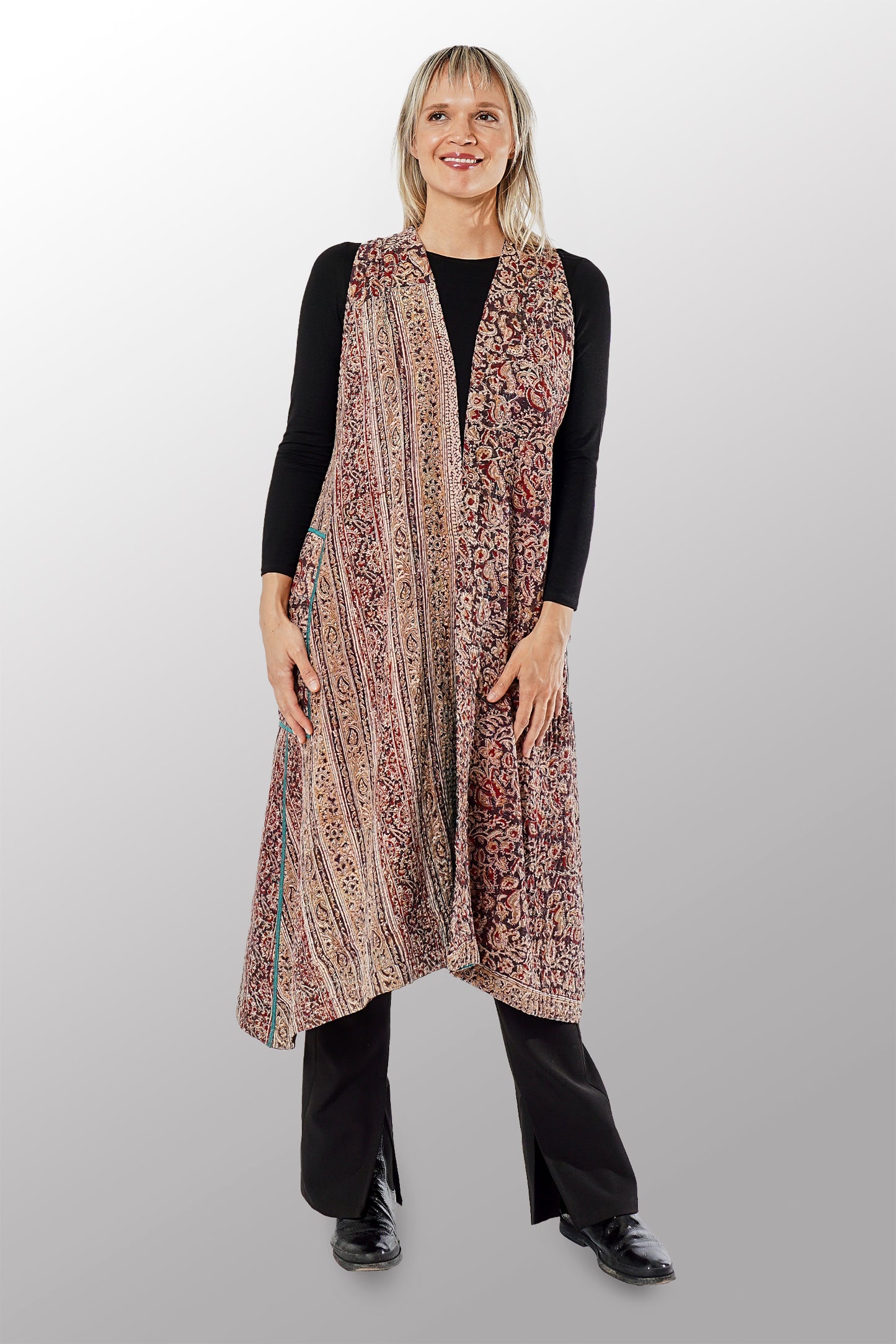 VINTAGE COTTON KANTHA BACK PLEATED VEST MAXI - cv4222-0011a -