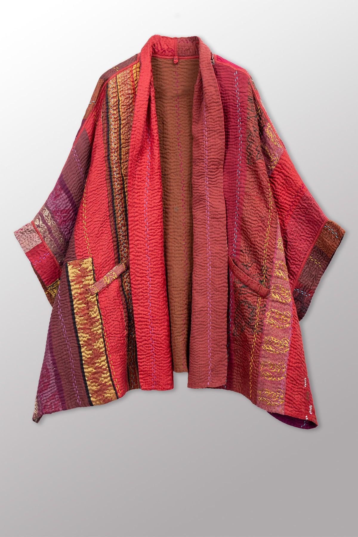 JEWEL WOVEN WITH VERTICAL PATCH KANTHA DOUBLE COLLAR PONCHO - jv4323-red -