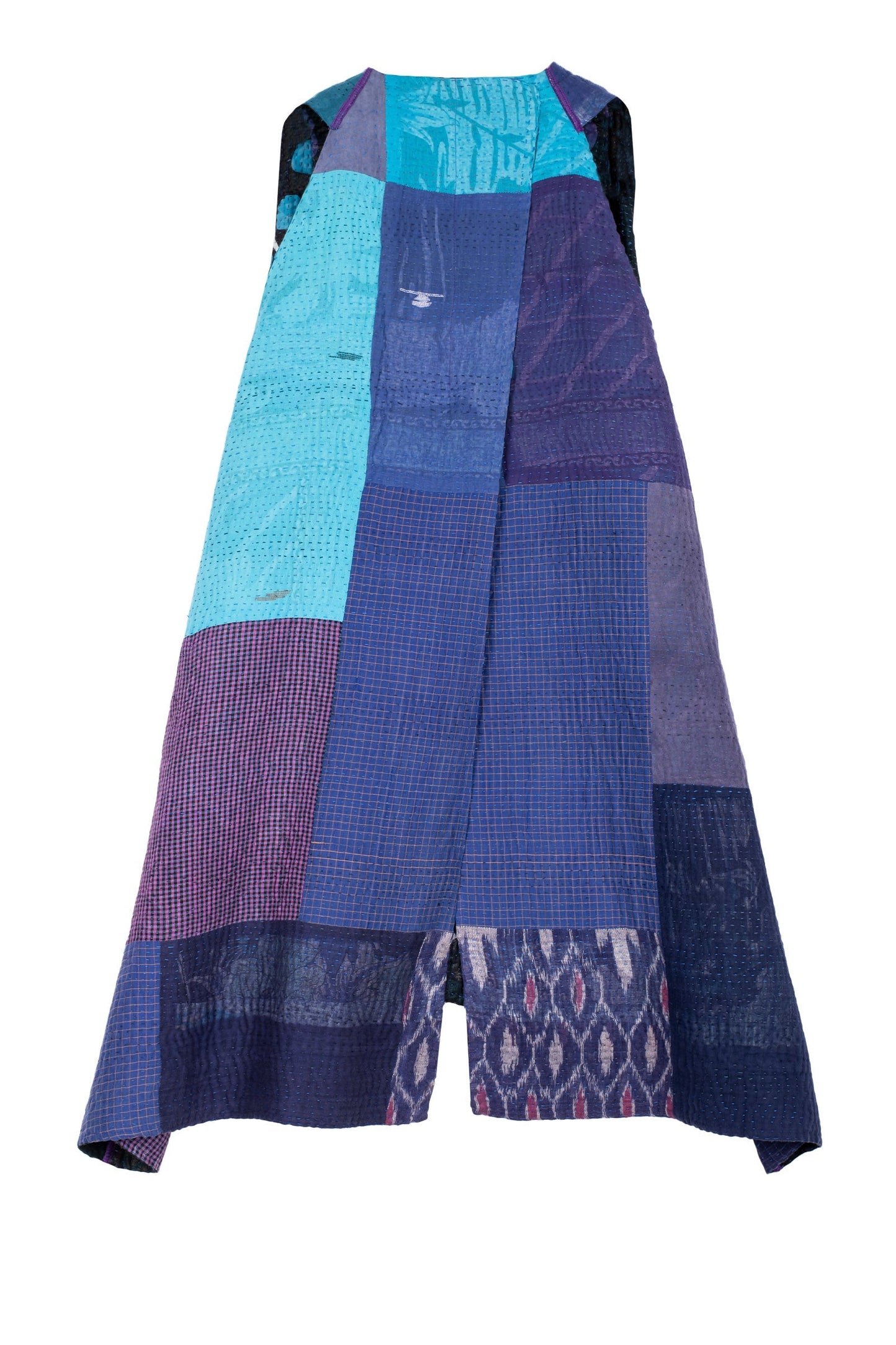 POLKA DOTS & LEAVES KANTHA BACK PLEATED VEST - dl4221-blu -