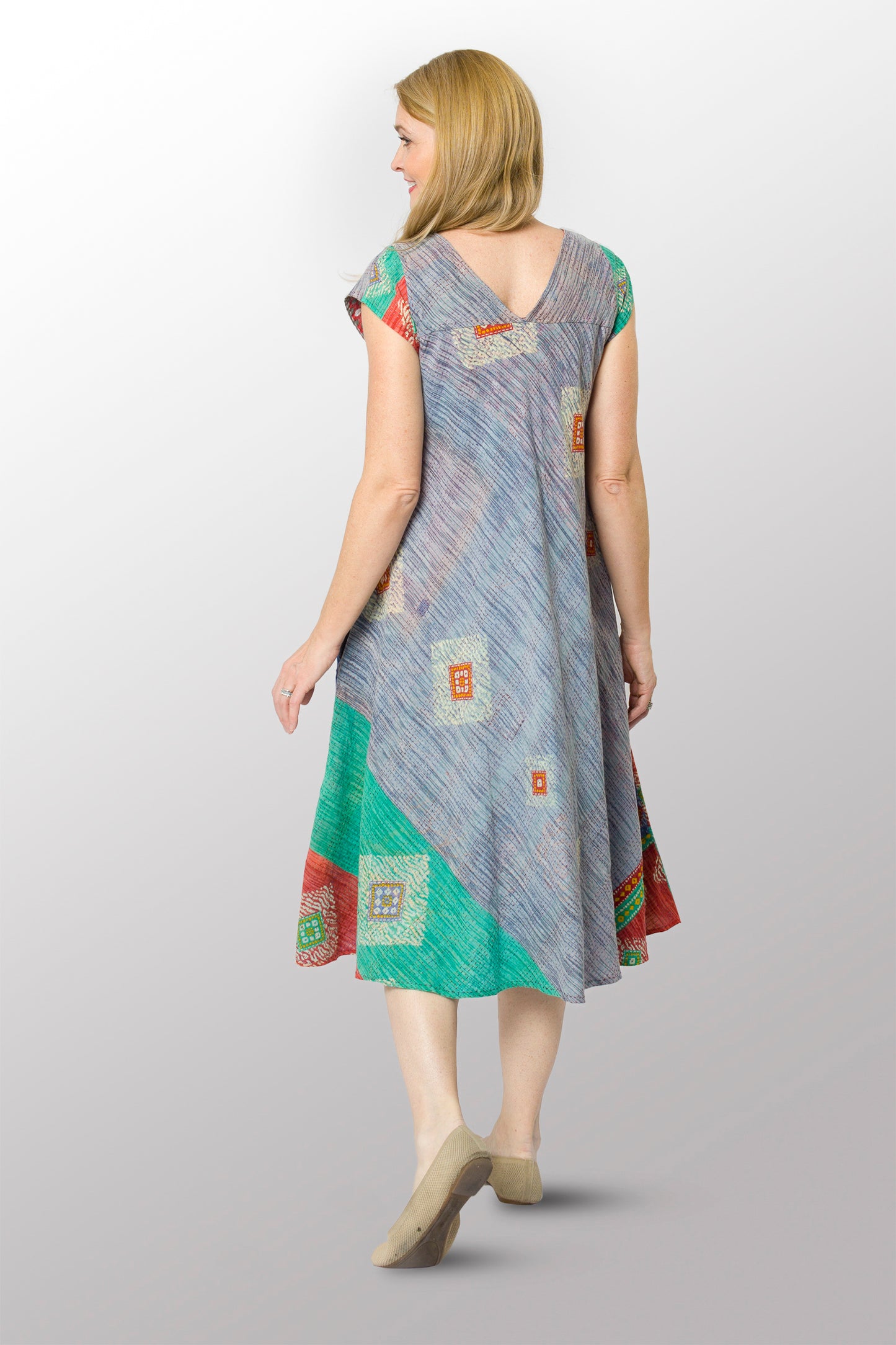 VINTAGE COTTON KANTHA CAP SLV. FLARE DRESS - cv2425-0017m -