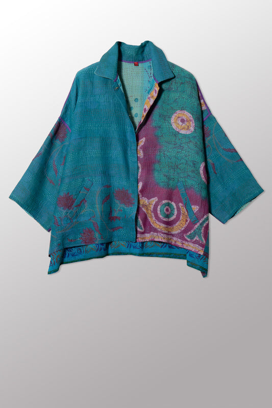 VINTAGE SILK GEORGETTE COTTON KANTHA CROPPED TENT SHIRT - gc2596-0002a -