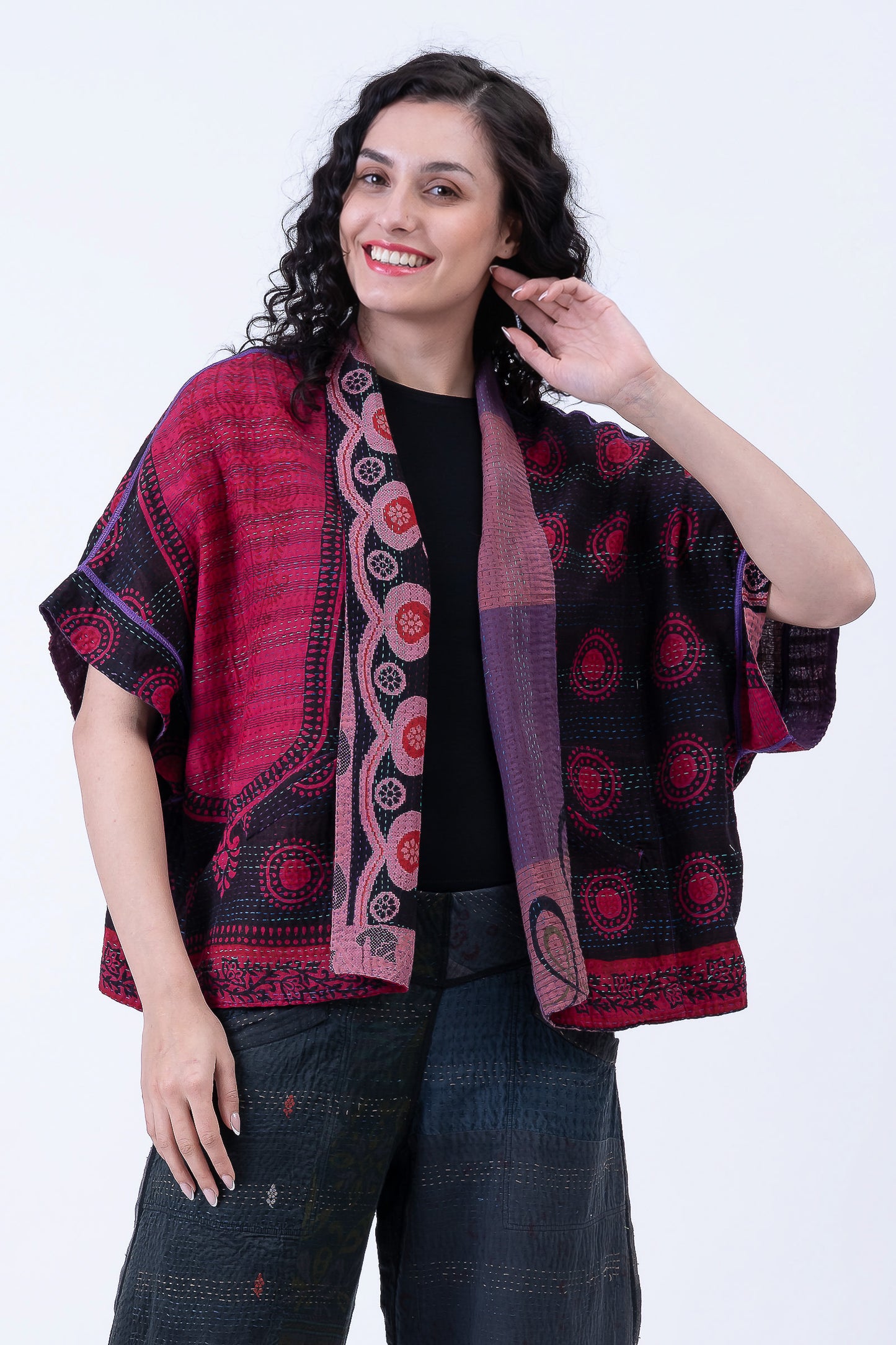 COTTON OVERDYE KANTHA MINI PONCHO - ov2060-cred001a -