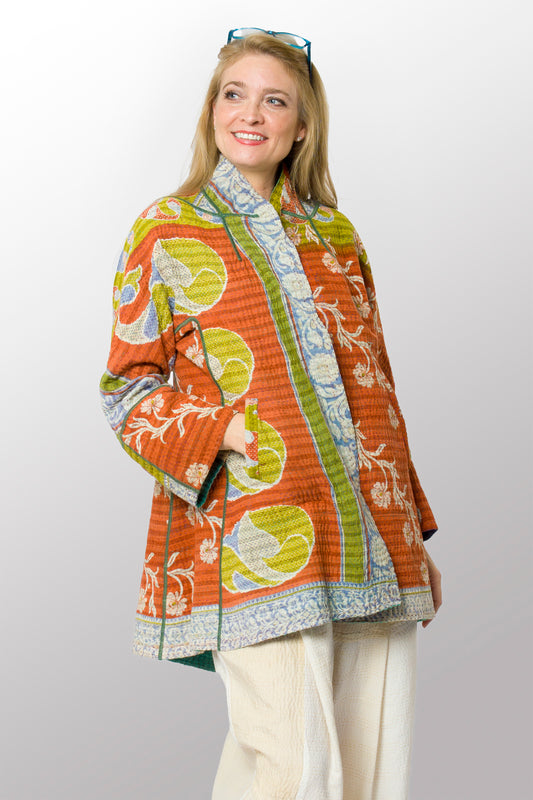 VINTAGE COTTON KANTHA FLARE LONG JACKET - cv4021-0055m -