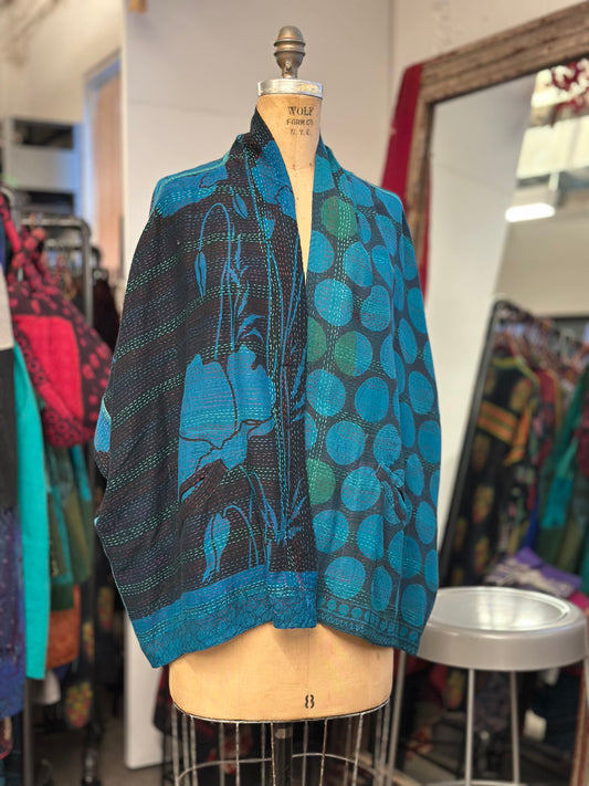 VINTAGE SILK GEORGETTE COTTON KANTHA MINI PONCHO - gc2060-0003a -