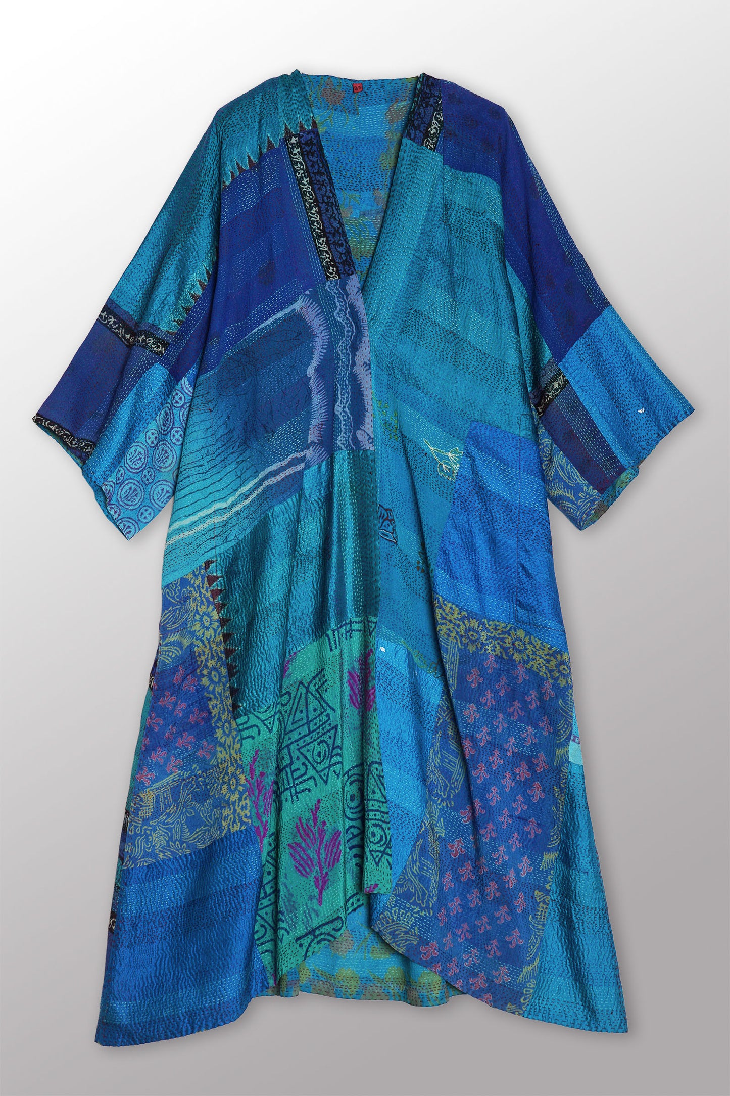 GEORGETTE VINTAGE SILK PATCH KANTHA KIMONO MAXI - gs2318-tuq -