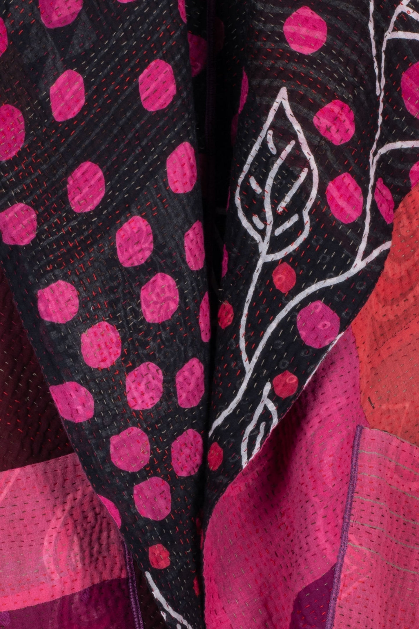 POLKA DOTS & LEAVES KANTHA FUNNEL COLLAR COAT - dl4312-pik -