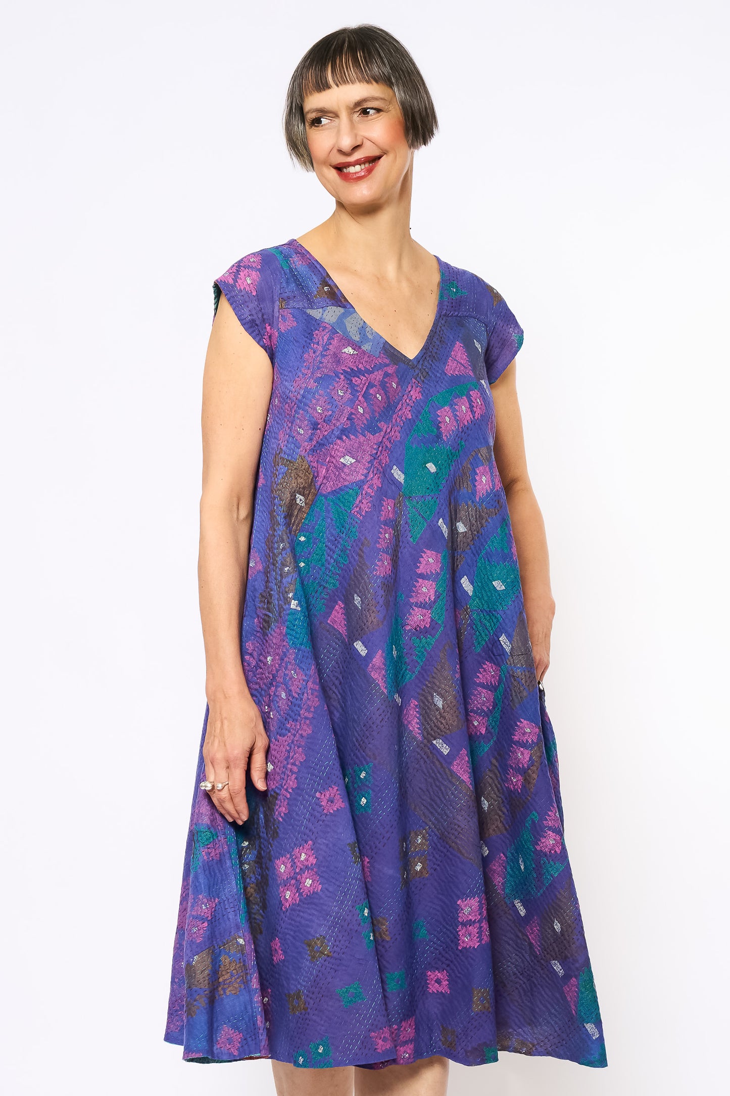 VINTAGE COTTON KANTHA CAP SLV. FLARE DRESS - cv2425-0020m -