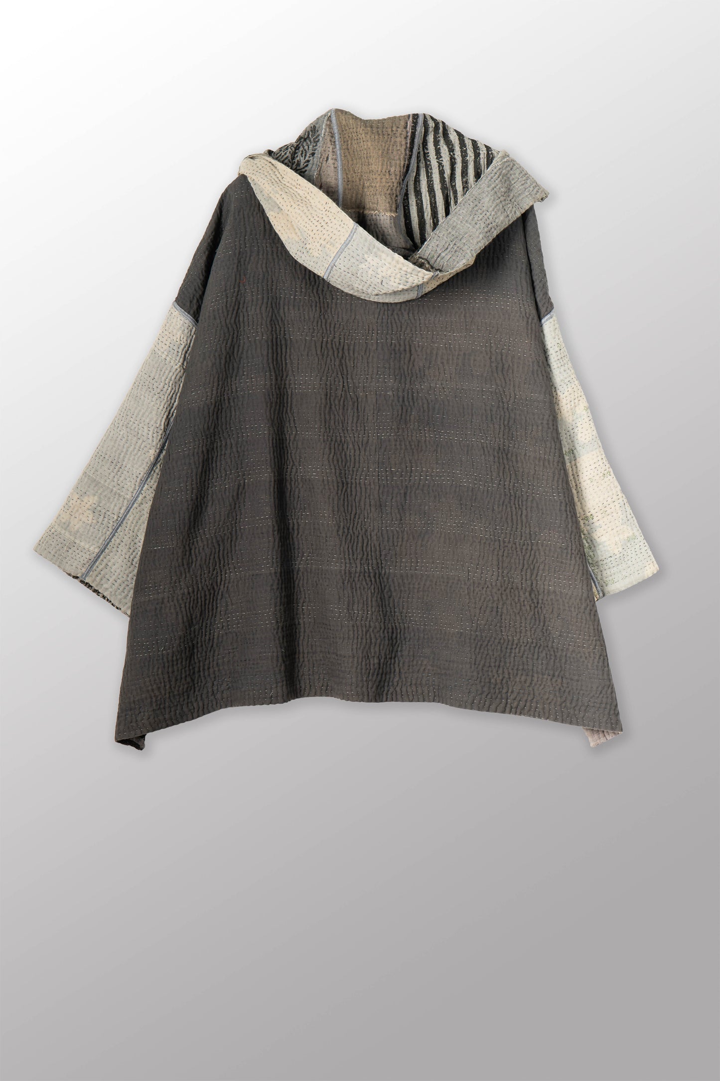 FRAYED PATCH KANTHA WITH STAMP HOODIE PONCHO - sp-fi4064-gry -