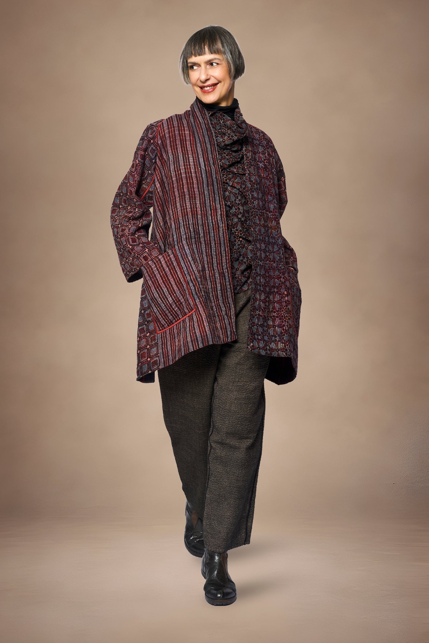 AJRAKH PRINT AND SILK COTTON PATCH KANTHA A-LINE JACKET - az4003-brn -