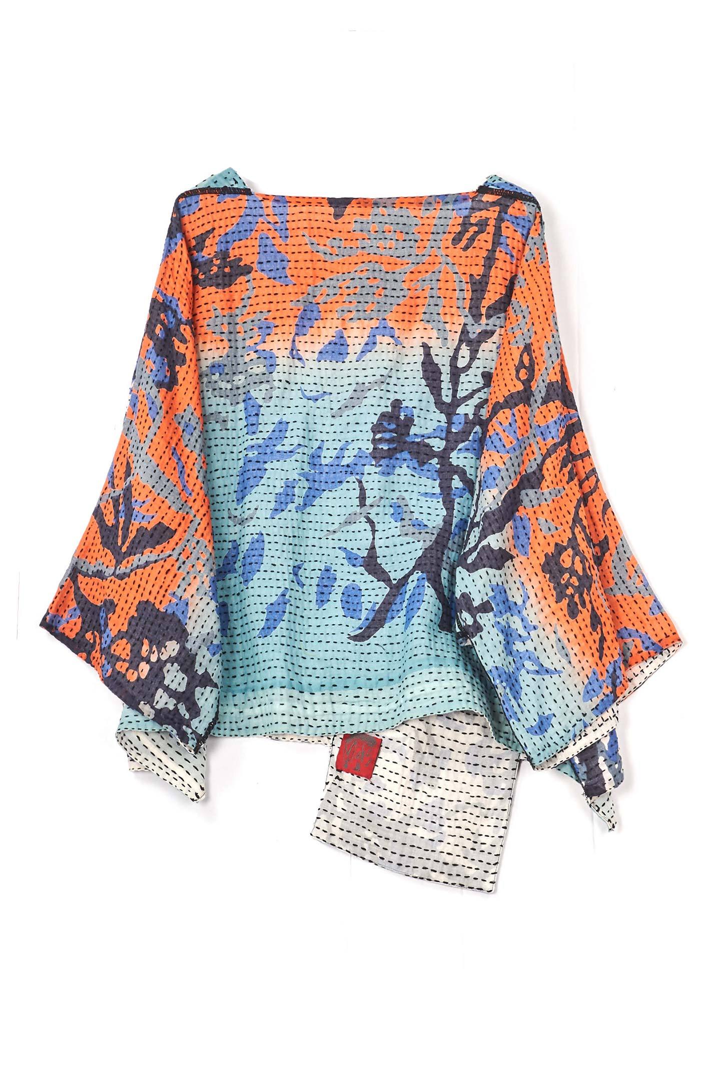 SUMMER BREEZE PRINT KANTHA 3/4 SLV. CROP TOP - sz2528-blu -