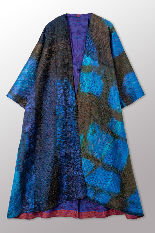 VINTAGE PRINTED SILK CLAMP DYE WITH JACQUARD KANTHA KIMONO MAXI - sk4318-0001a -