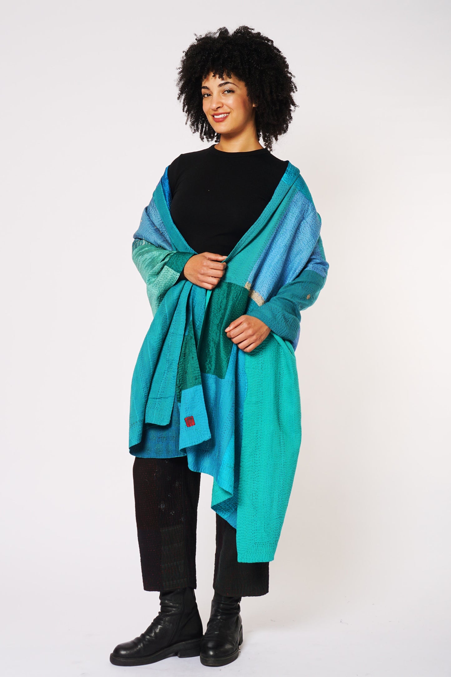 COTTON SILK SW PATCH KANTHA SHAWL LARGE - ws2803-tuq -