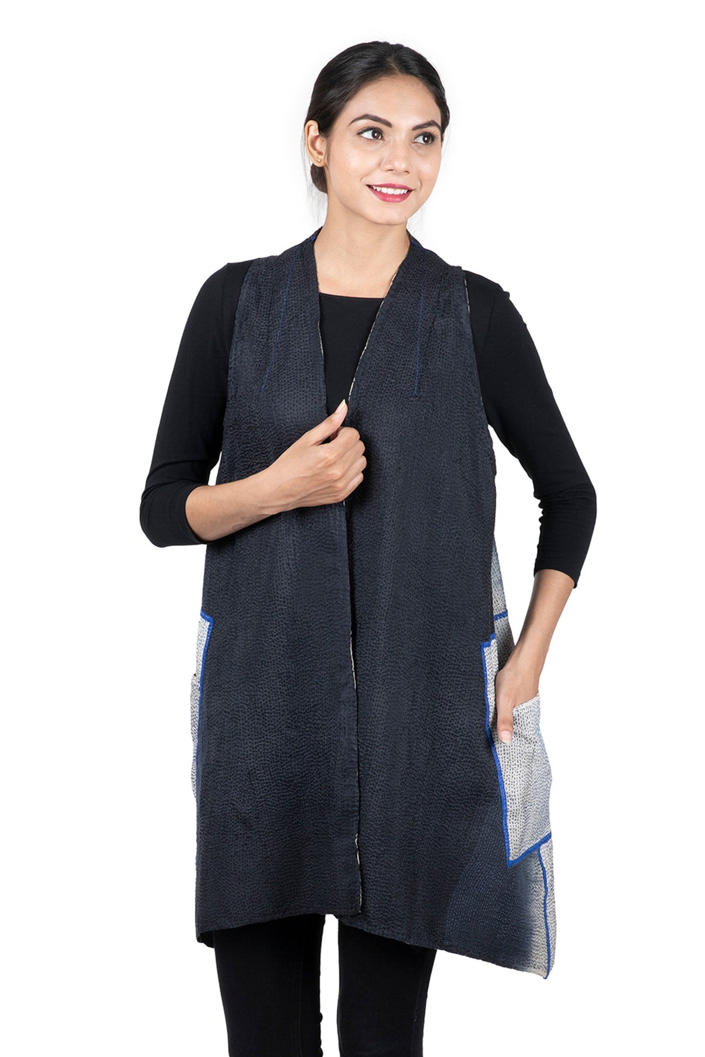 SERPENT PRINT KANTHA BACK PLEATED VEST - sp2221-blk -