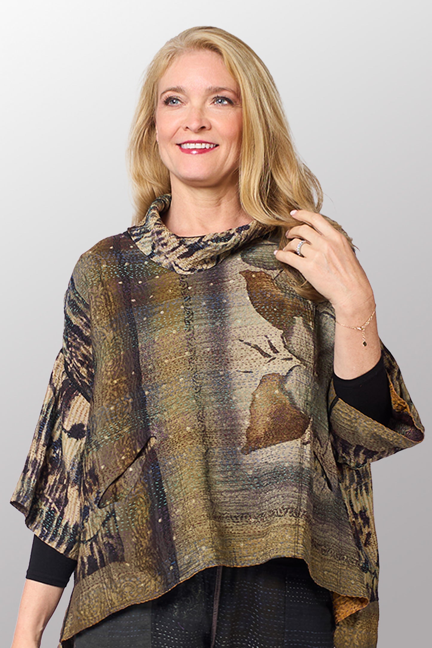 GEORGETTE JACQUARD VINTAGE SILK PATCH KANTHA COWL NECK PONCHO - gj2061-0001a -