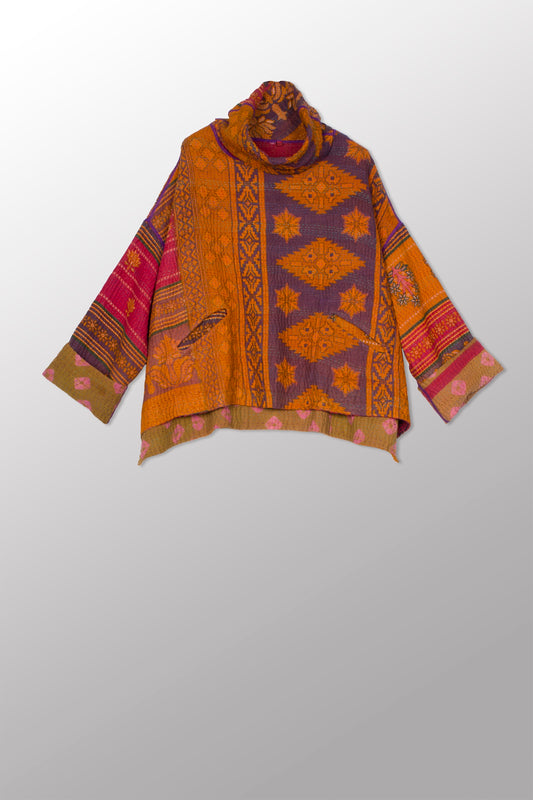 VINTAGE COTTON KANTHA NEW COWL NECK PONCHO - cv4083-0002a -