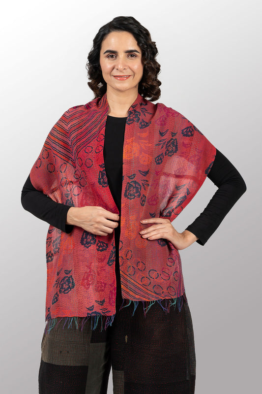 GEORGETTE VINTAGE SILK PATCH KANTHA SCARF SHORT - gs2805-cor -