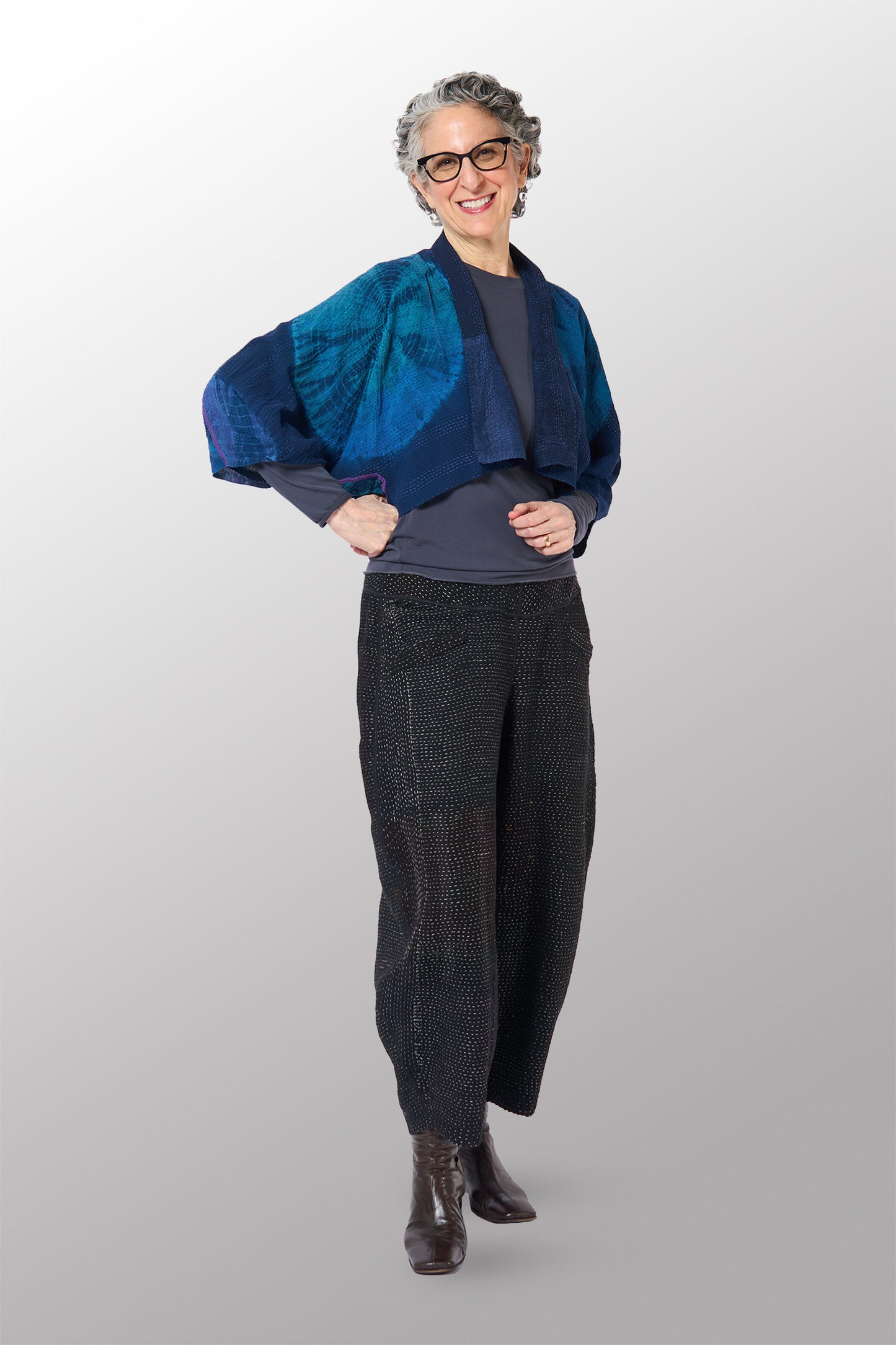 SHIBORI TIE DYE GEORGETTE VINTAGE SILK PATCH KANTHA PUFF SLV. SHRUG - st-gs2062-nvy -