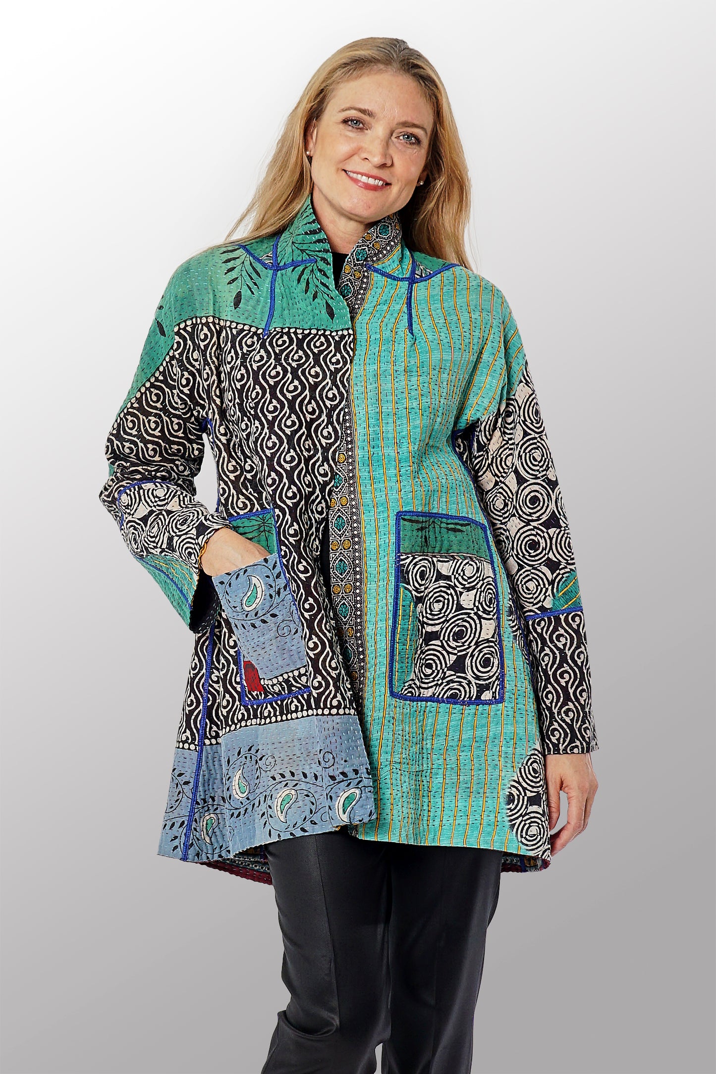 VINTAGE COTTON KANTHA FLARE LONG JACKET - cv4021-0049m -