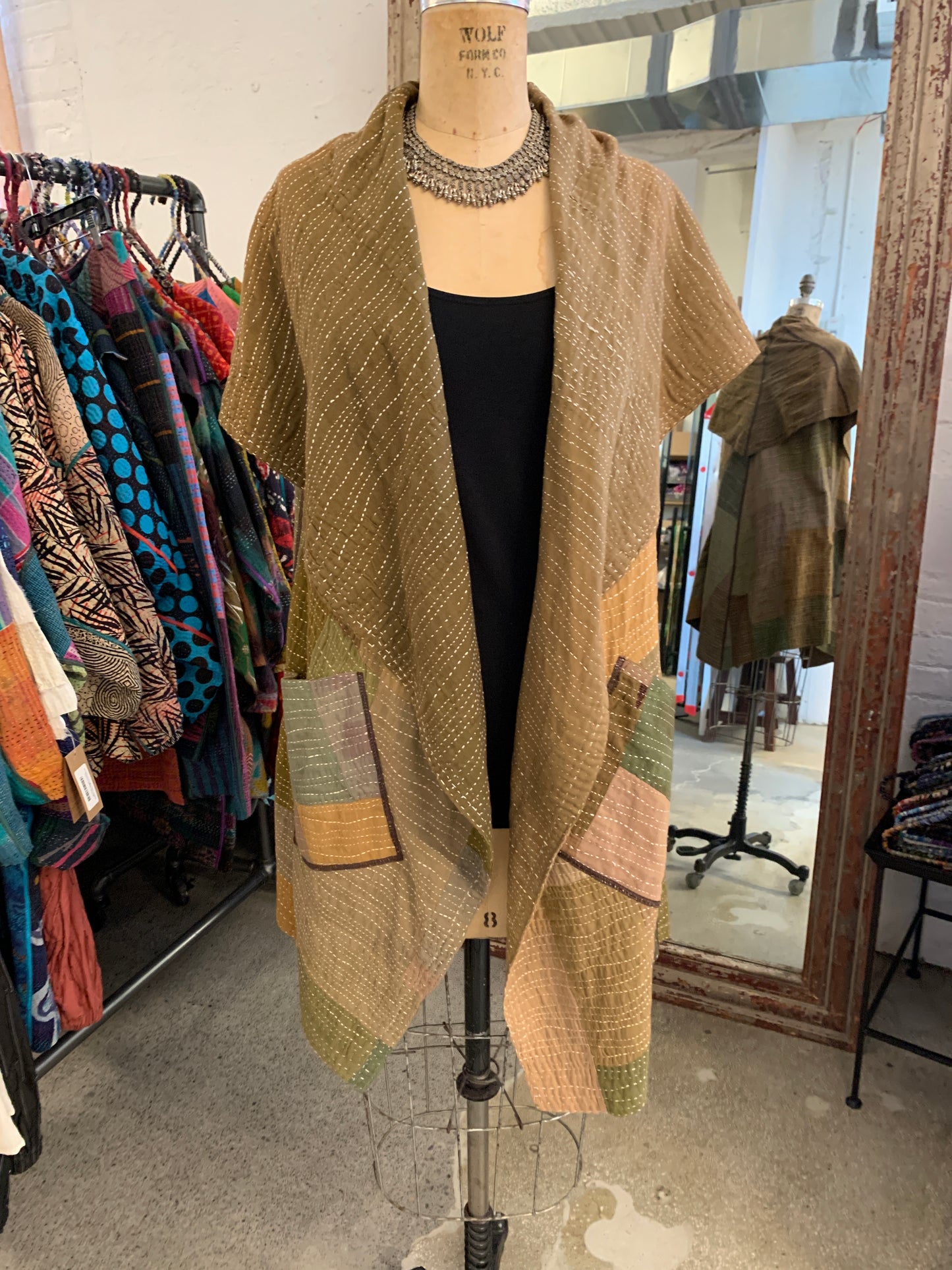 SOLID PATCH KANTHA CIRCULAR VEST - ps2201-grn -