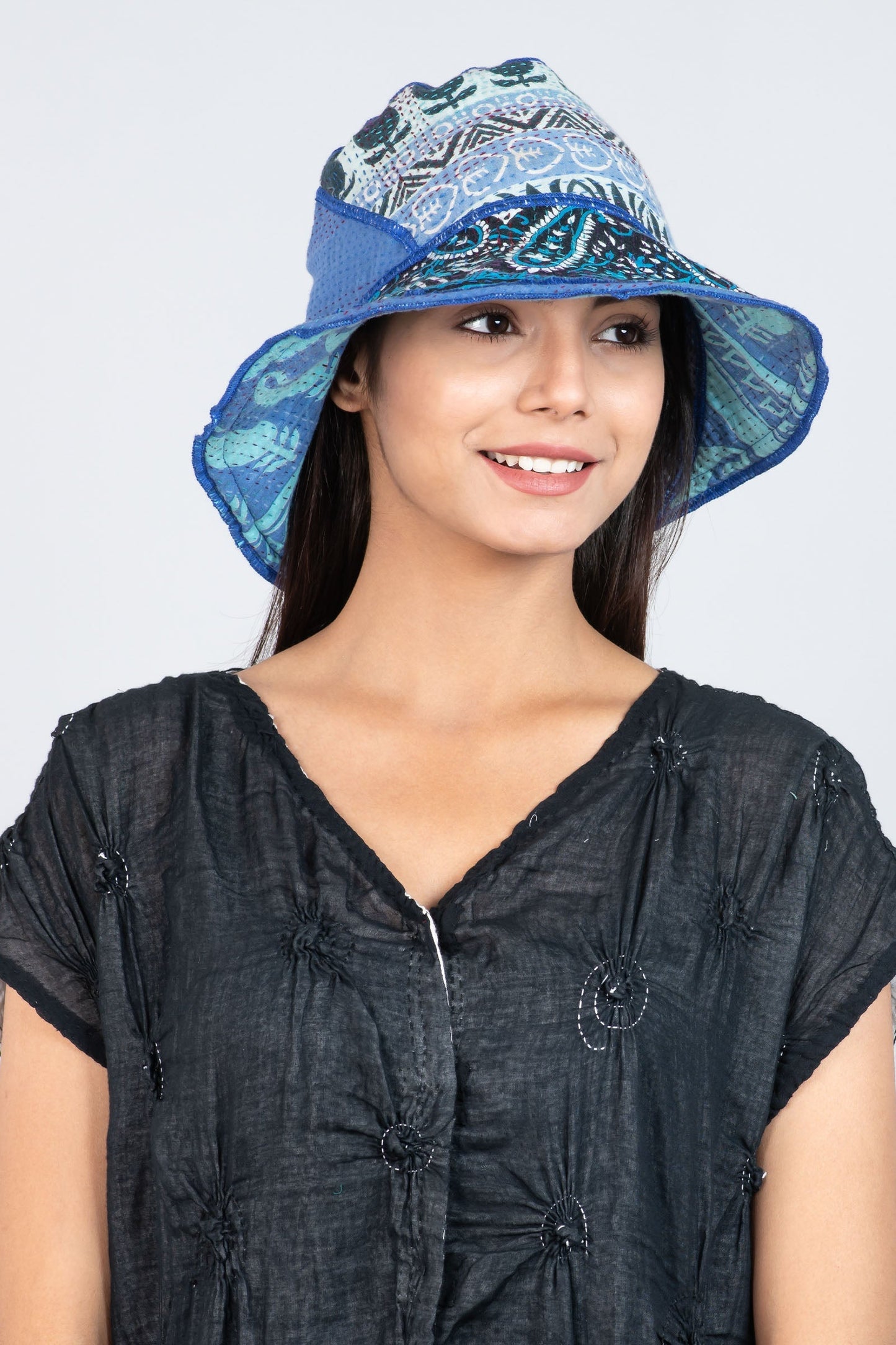 VINTAGE COTTON KANTHA CIRCULAR CUT BRIM HAT - cv2882-blu -