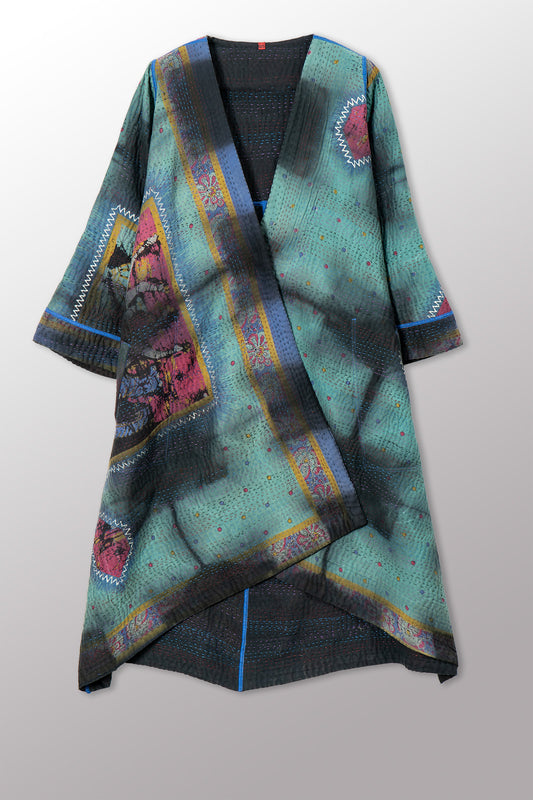 VINTAGE COTTON GREY CLAMP TIE DYE KANTHA WRAP FLARE COAT - su4330-0002a -