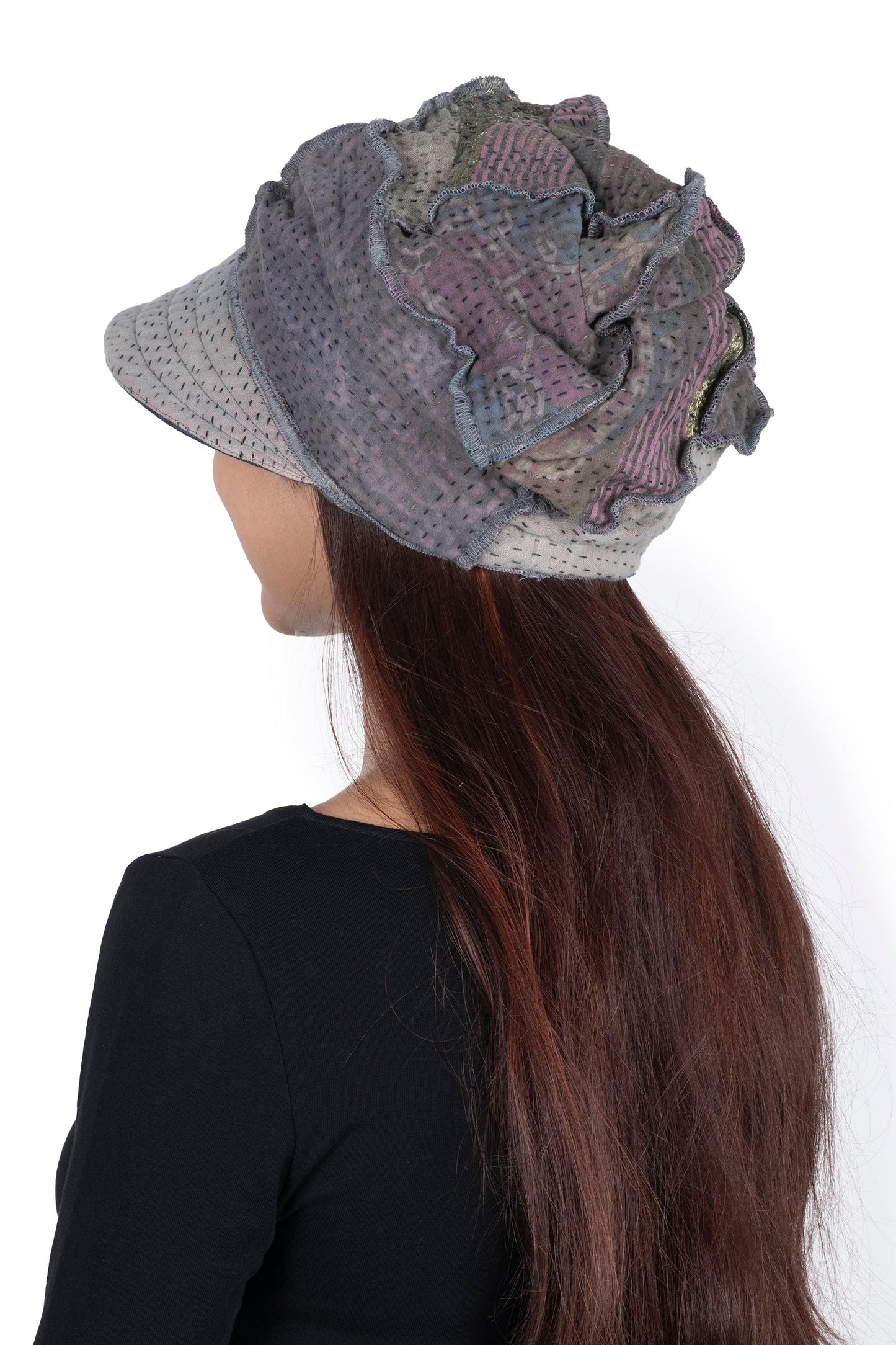 FRAYED PATCH KANTHA HALF BRIM HAT - fi4881-gry -