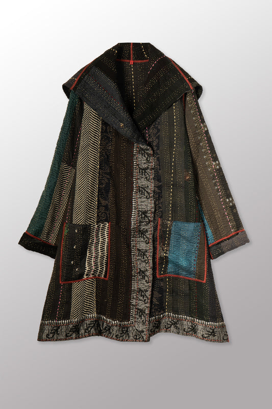 STRIPE RALLIS KANTHA POCKET MEDIUM COAT - pr4316-blk -