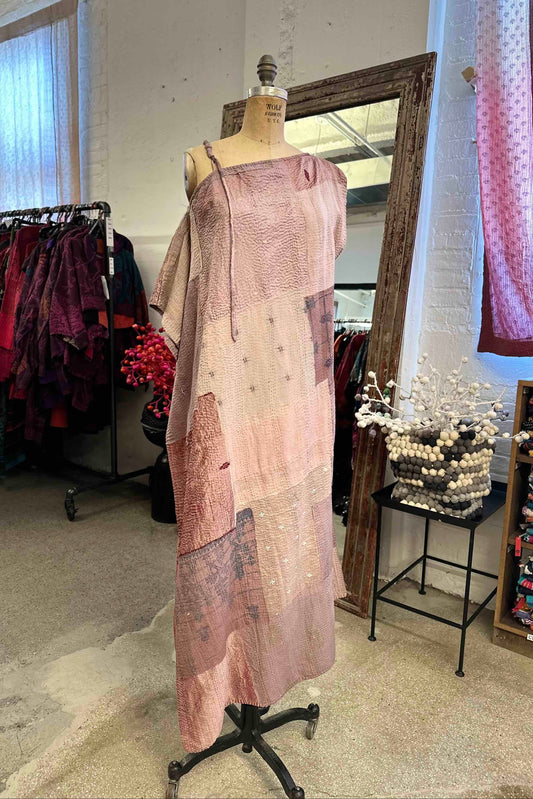 HALF SILK PATCH KANTHA ASYMMETRIC TUBE DRESS - hs2472-mov -