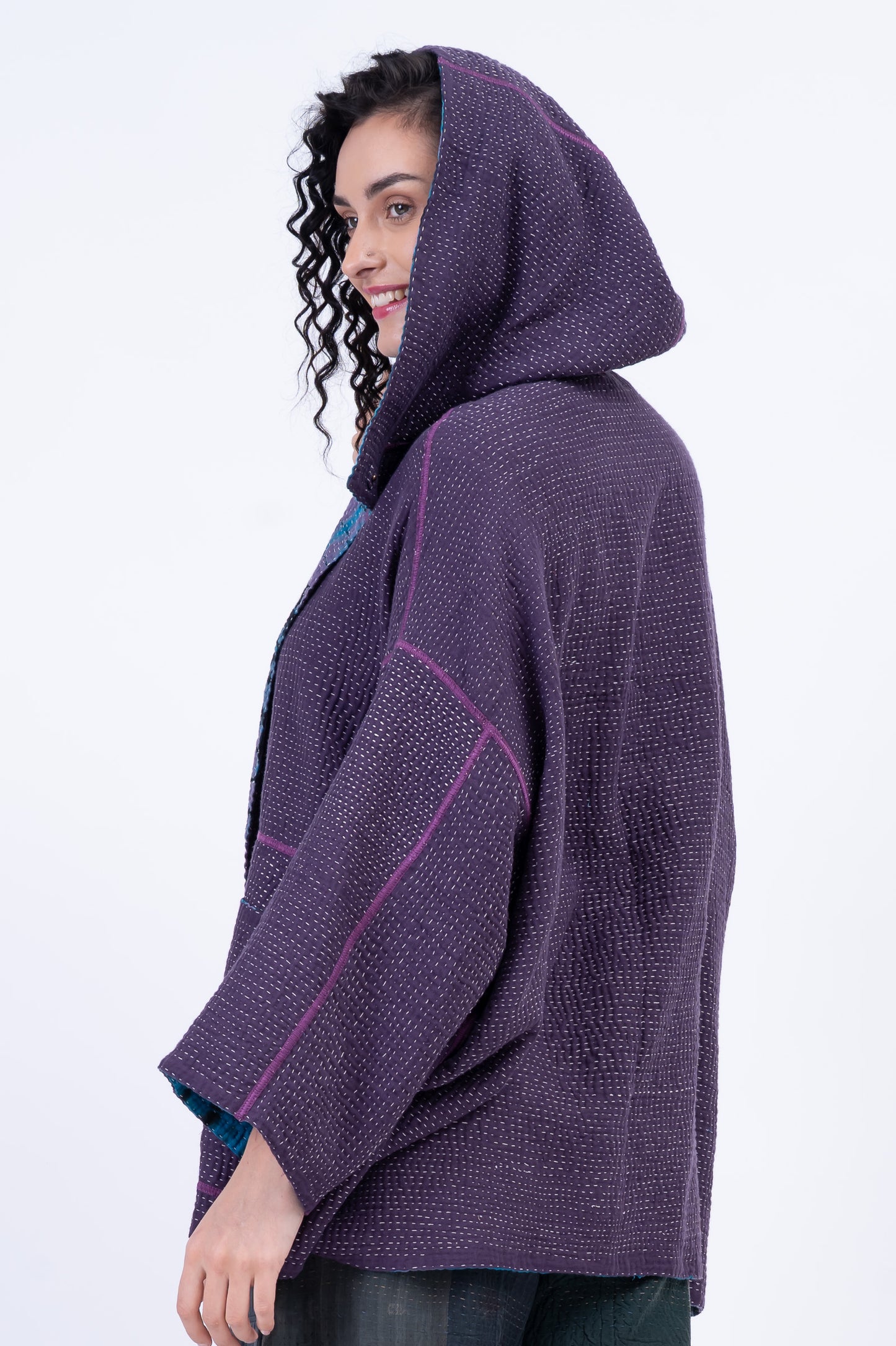 MONE SHIBORI TIE DYE KANTHA HOODIE PONCHO - ms5064-tuq -
