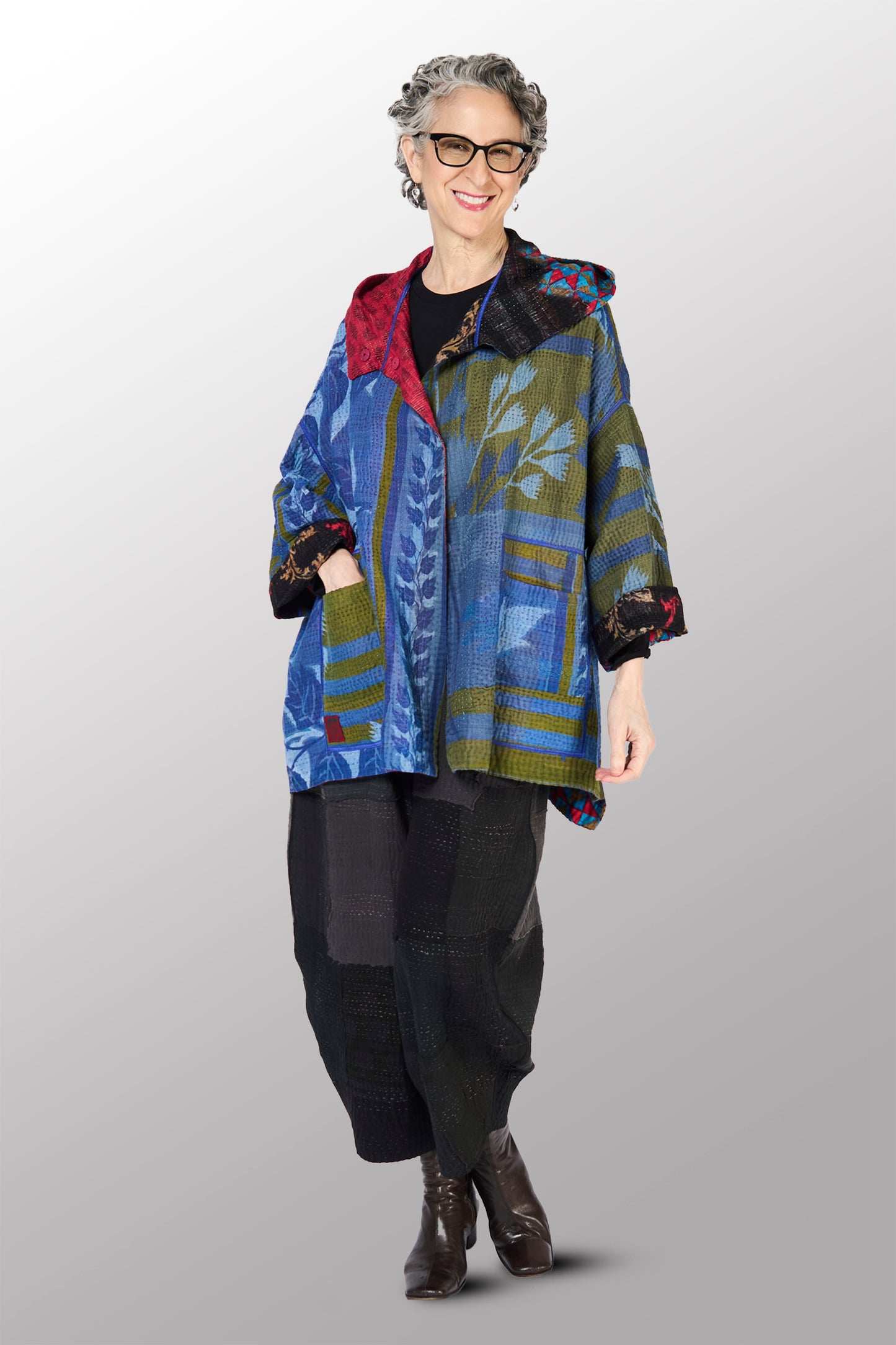 VINTAGE COTTON KANTHA HOODIE PONCHO - cv4064-0033a -