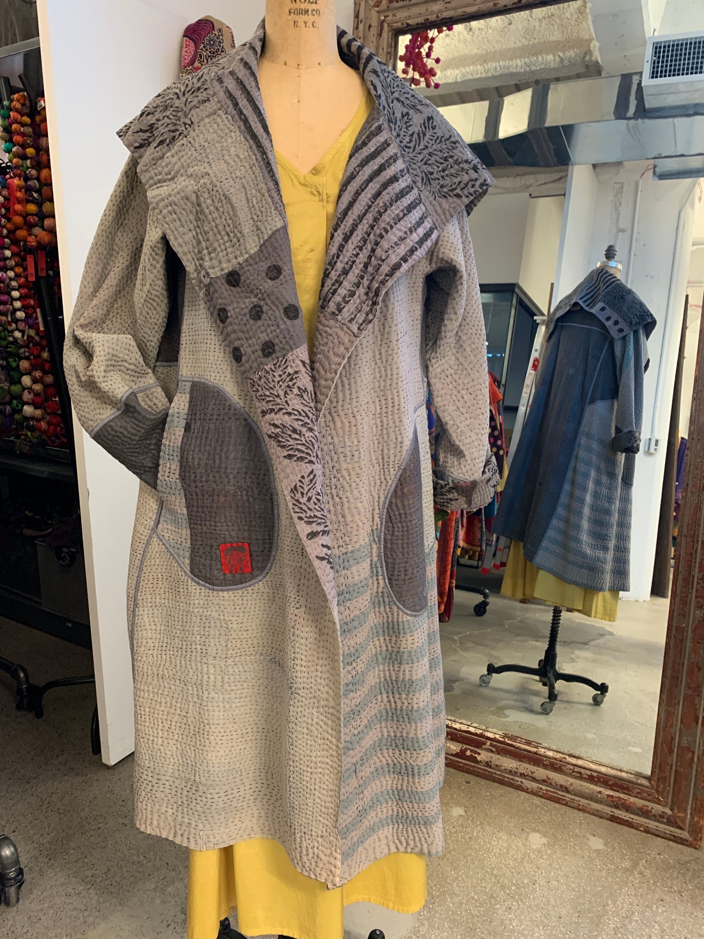 FRAYED PATCH KANTHA A-LINE COAT - fi4309-gry -