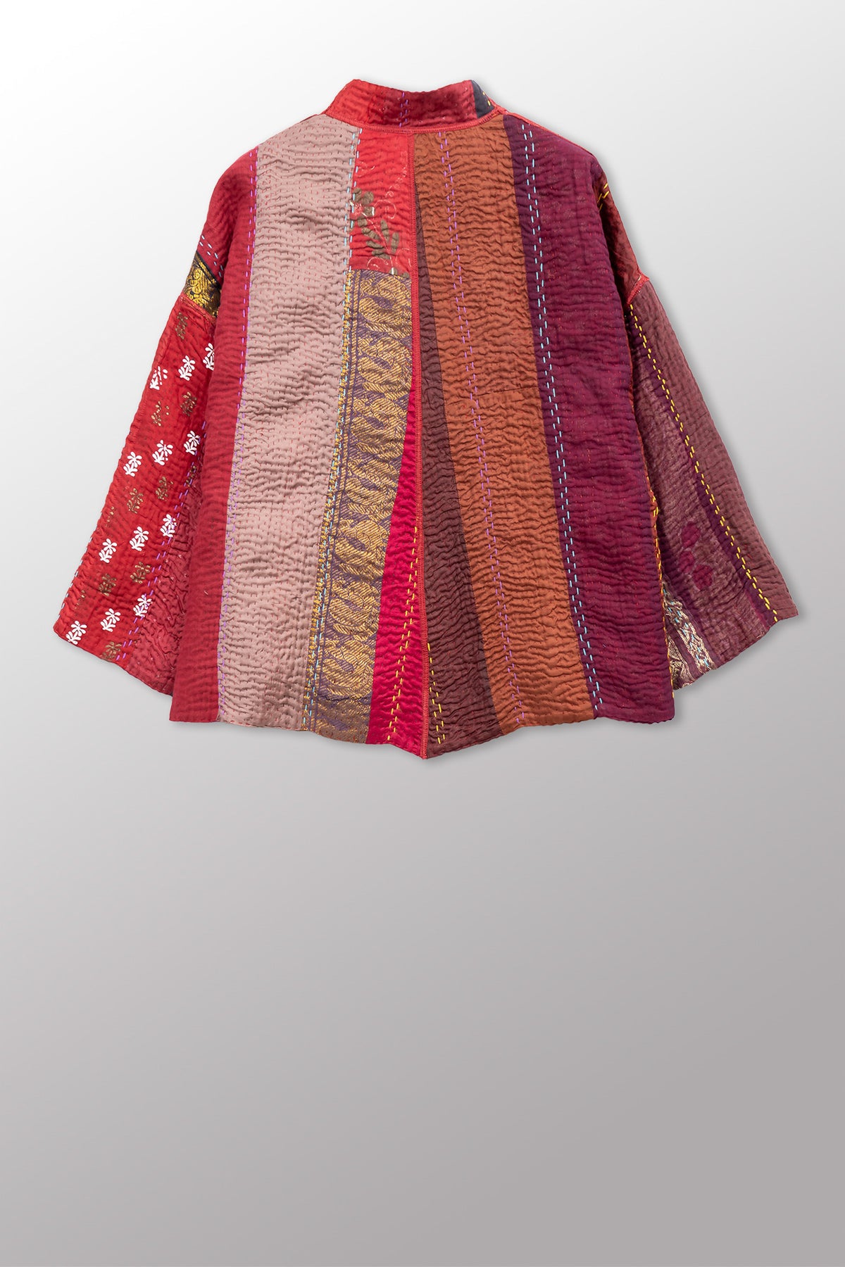 JEWEL WOVEN WITH VERTICAL PATCH KANTHA STAND COLLAR CROPPED JACKET - jv4034-red -