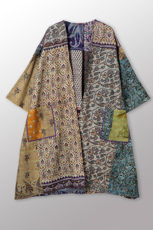 VINTAGE SILK KANTHA LONG DUSTER - sv2328-0015a -