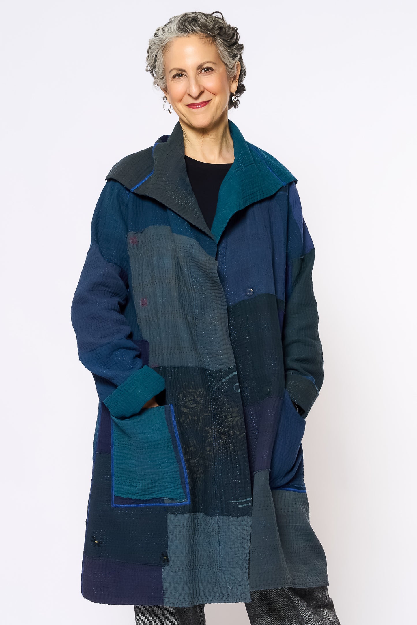 FRAYED PATCH KANTHA POCKET MEDIUM COAT - fi4316-nvy -