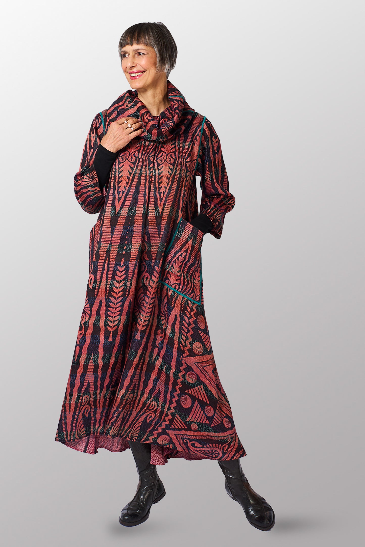 VINTAGE SILK GEORGETTE KANTHA COWL NECK LONG SLEEVE DRESS - sg2450-0006s -