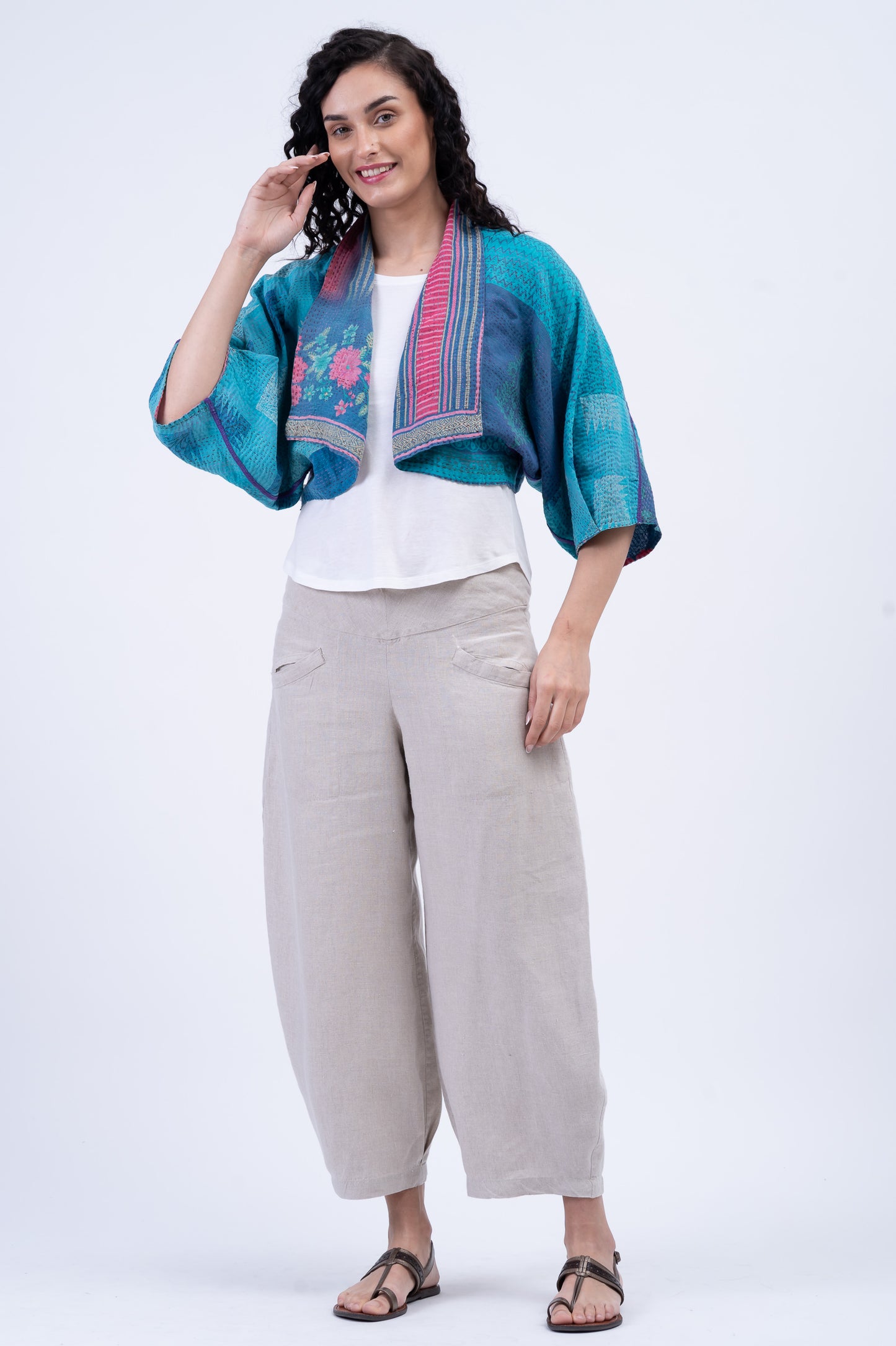 COTTON OVERDYE KANTHA PUFF SLV. SHRUG - ov2062-cblu005a -