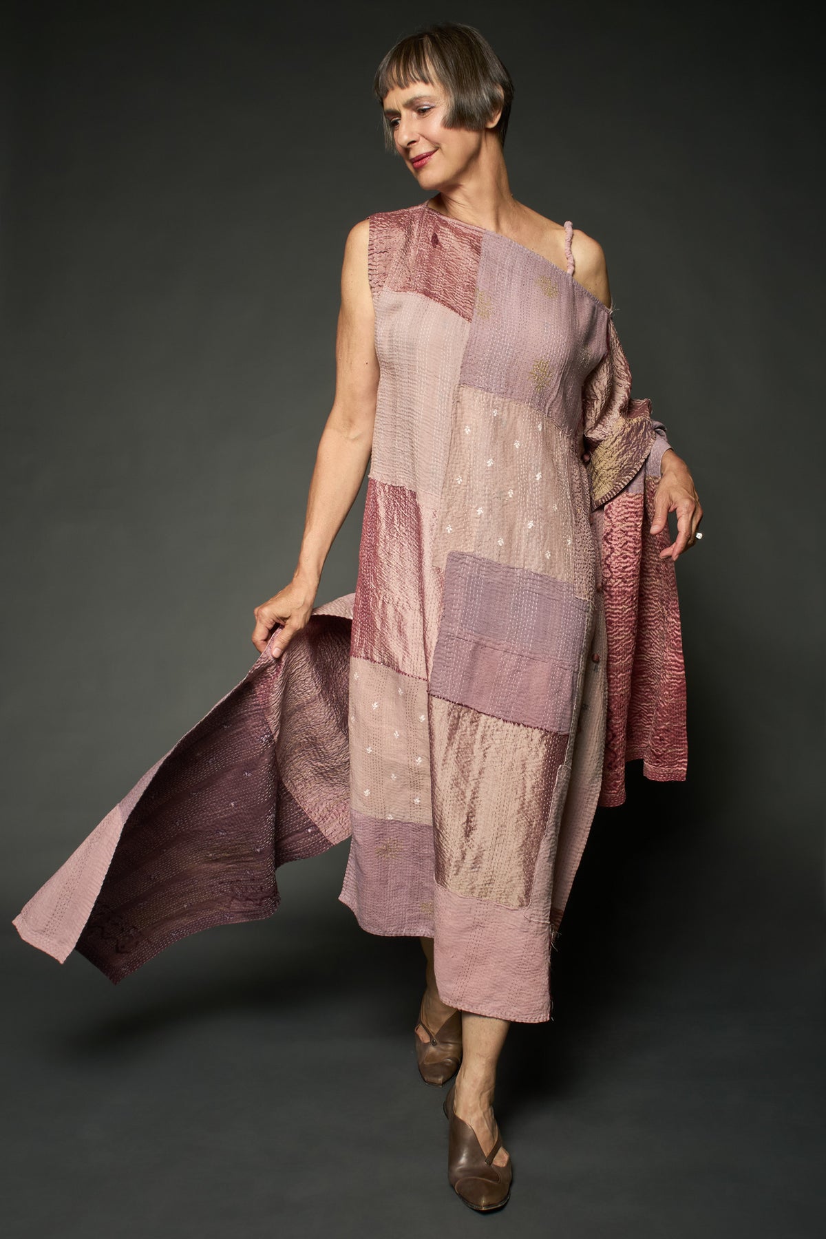 HALF SILK PATCH KANTHA ASYMMETRIC TUBE DRESS - hs2472-mov -