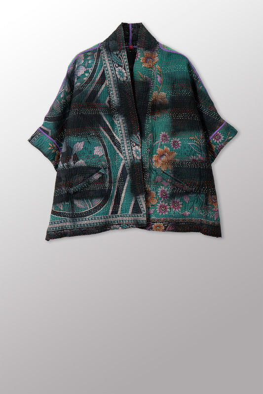 VINTAGE COTTON GREY CLAMP TIE DYE KANTHA MINI PONCHO - su4060-0001a -