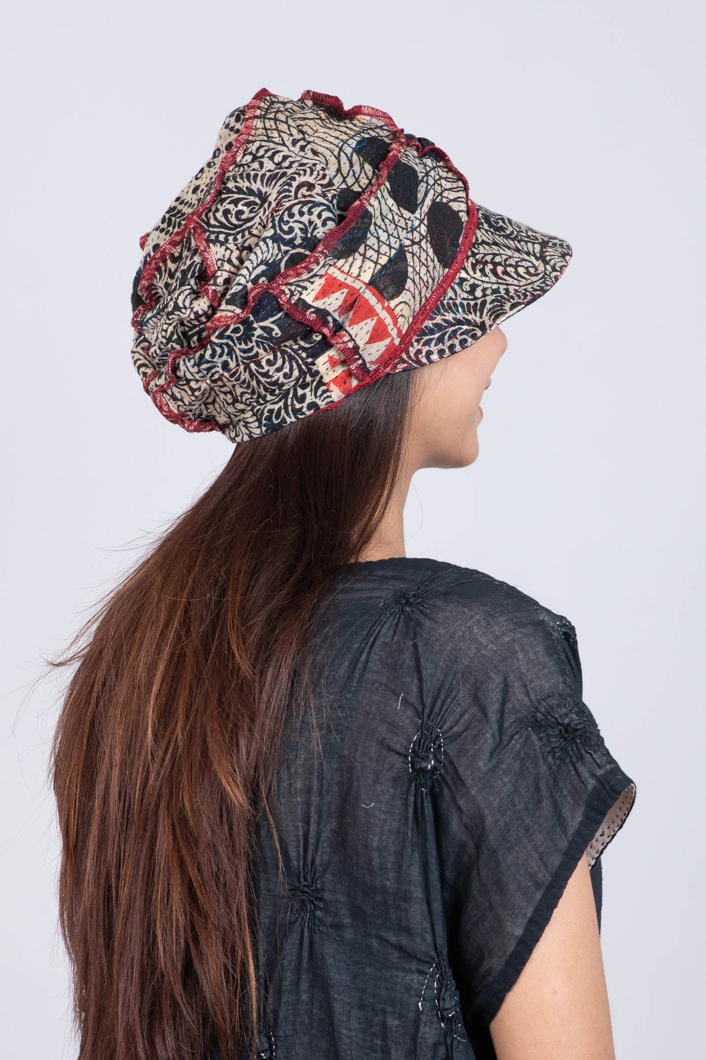 PATCHED & LEAVES KANTHA HALF BRIM HAT - pl2881-blk -