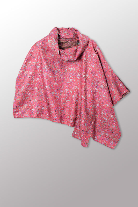 VINTAGE SILK KANTHA COWL NECK LONG CAPE - sv2842-0021a -