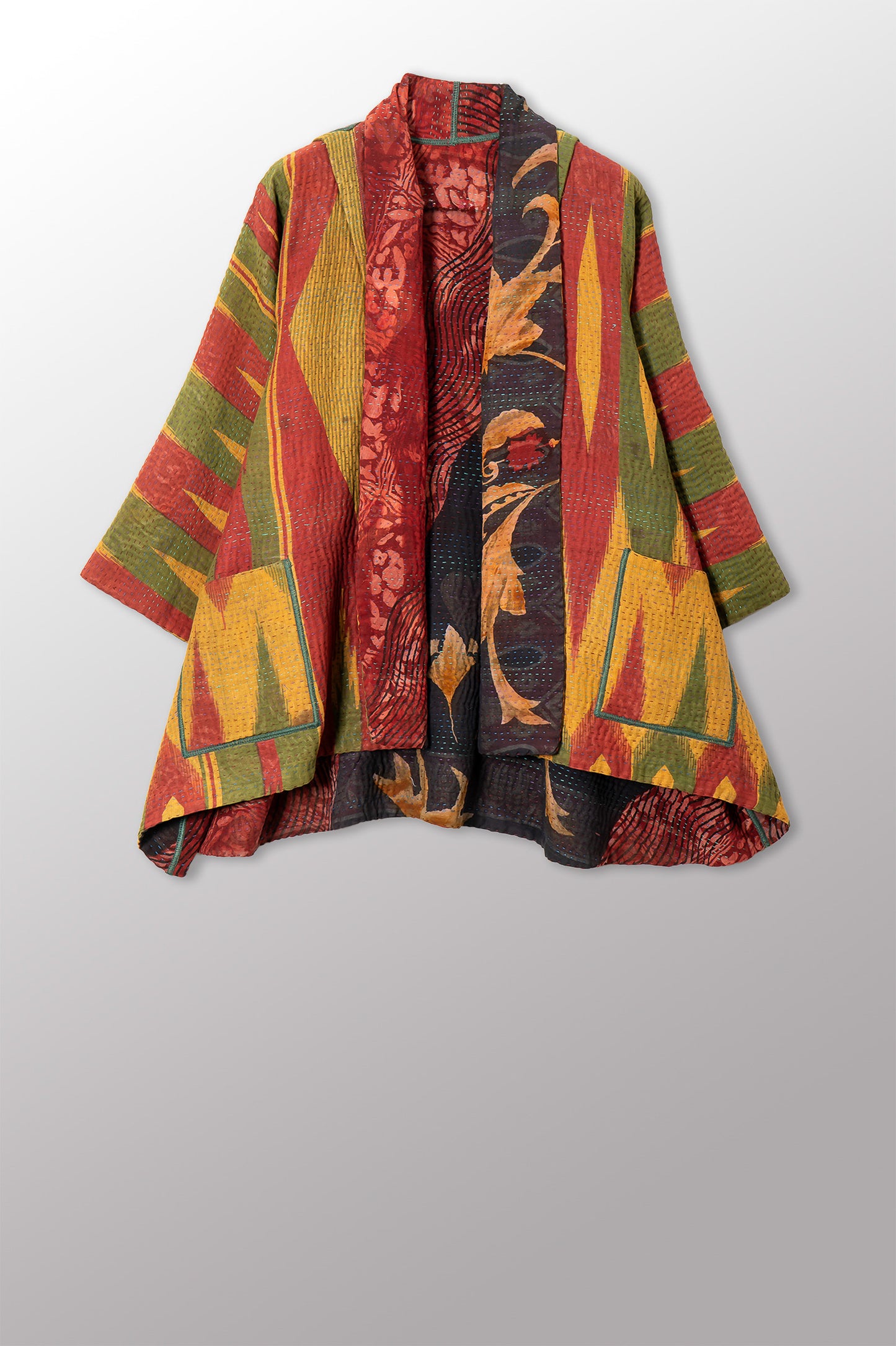 VINTAGE SILK GEORGETTE COTTON KANTHA KIMONO JACKET - gc4004-0002a -
