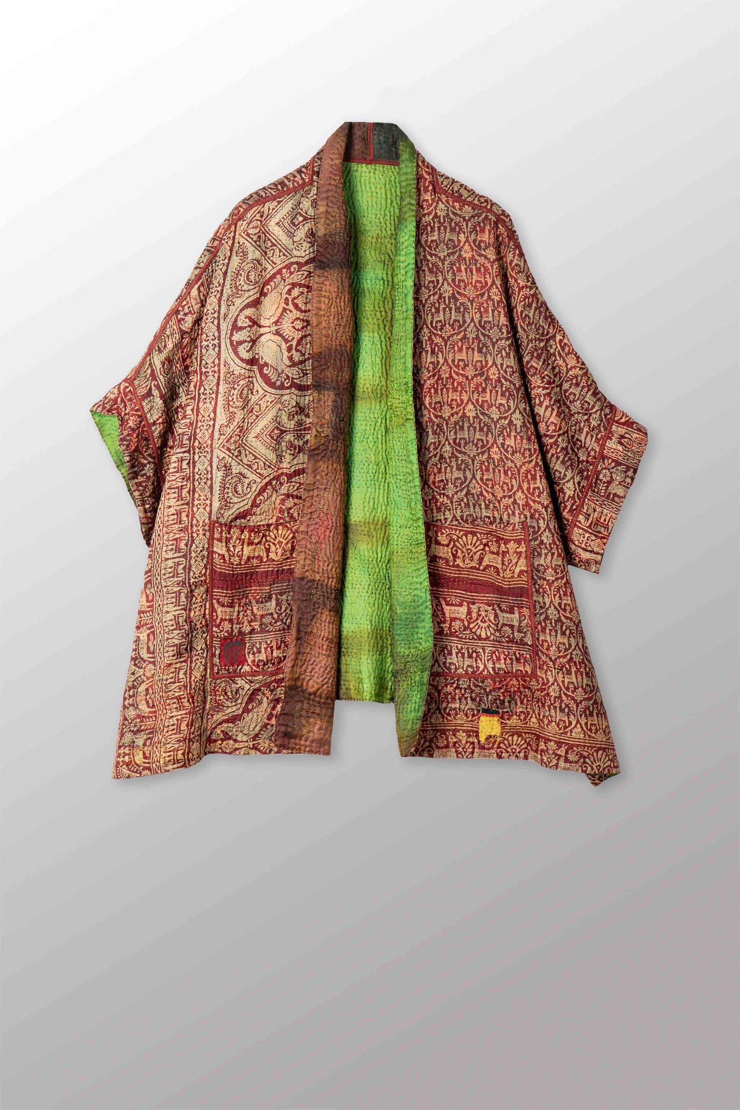 VINTAGE JACQUARD CLAMP DYE WITH PRINTED SILK KANTHA DOUBLE COLLAR PONCHO - jk4323-0001a -