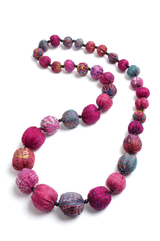 VINTAGE SILK KANTHA NUTS LONG NECKLACE - sv2702-pik -