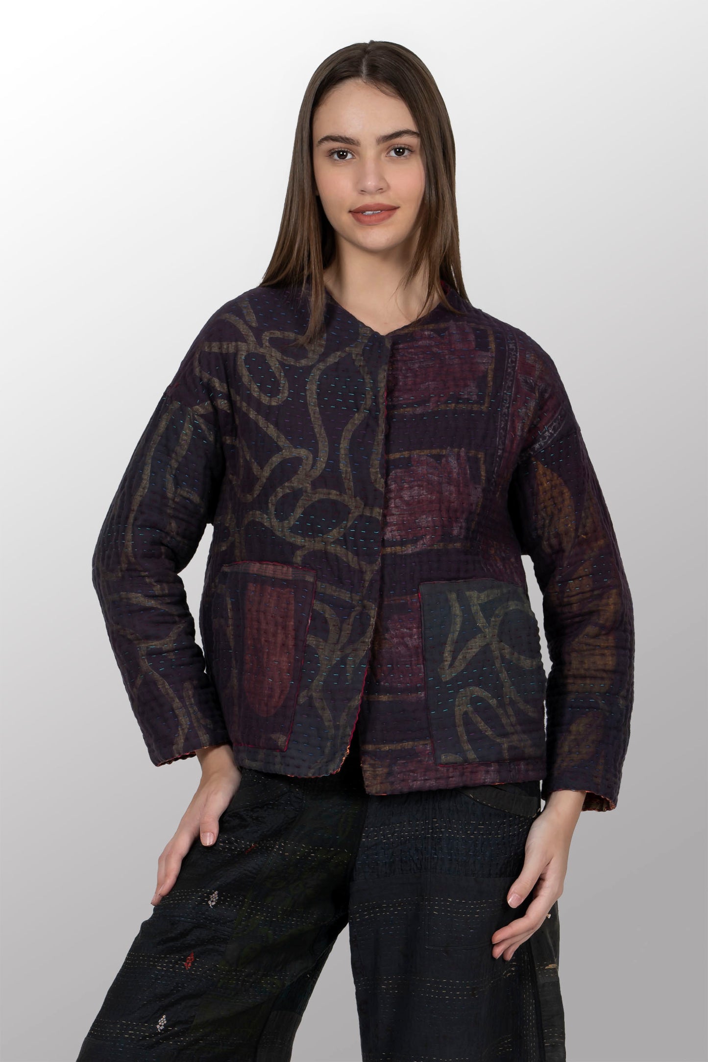 QUILTED OVERDYE COTTON KANTHA CREW NECK SHORT JKT - oq5053-cred002a -