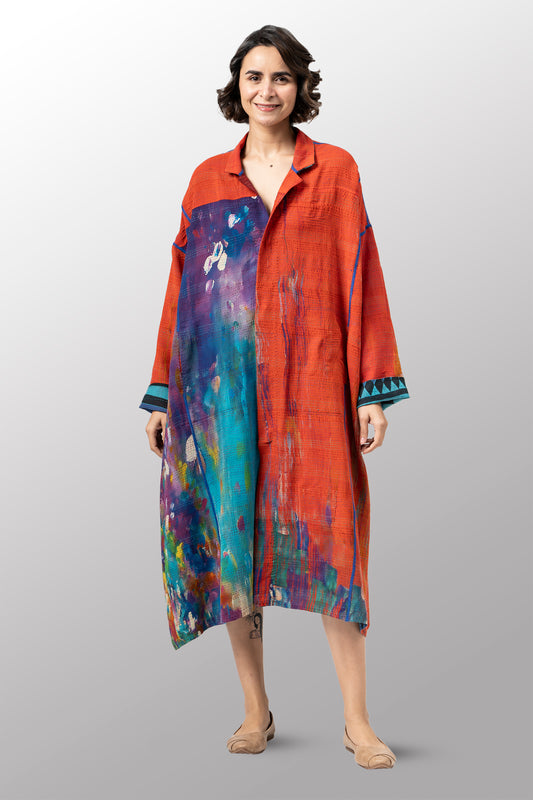 VINTAGE SILK GEORGETTE COTTON KANTHA NEW OVERSIZED COAT - gc2342-0001a -