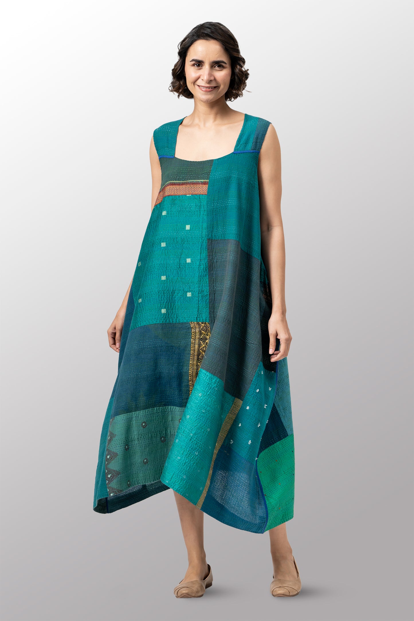 COTTON SILK SW PATCH OMBRE KANTHA TENT DRESS - ws2413-tel -